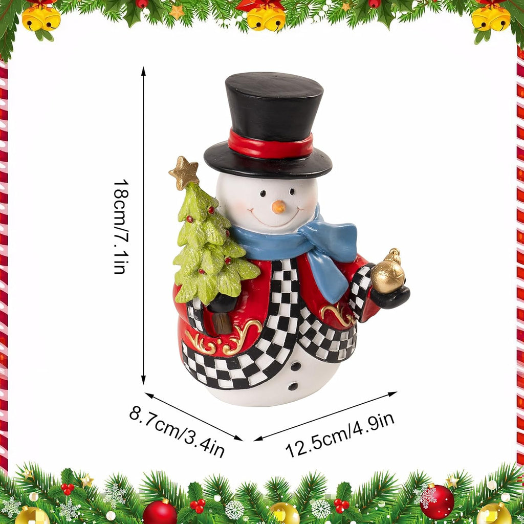 Snowman Figurines - 7.1x4.9 Inch Resin Christmas Decorations | Black and White Checkered Indoor Decor