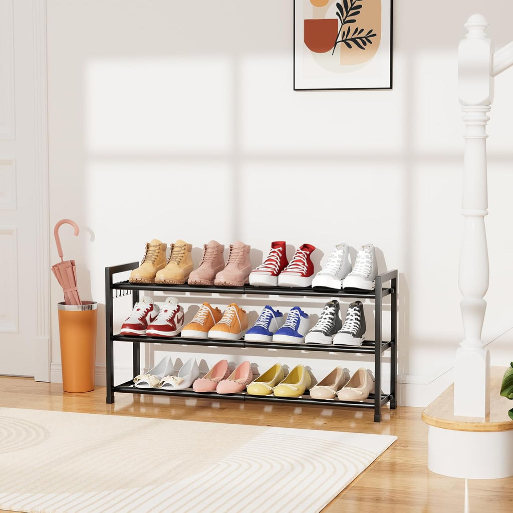 Skiennix Expandable Shoe Rack - Adjustable Metal Organizer for 12 Pairs | 3-Tier Free Standing Design, Black