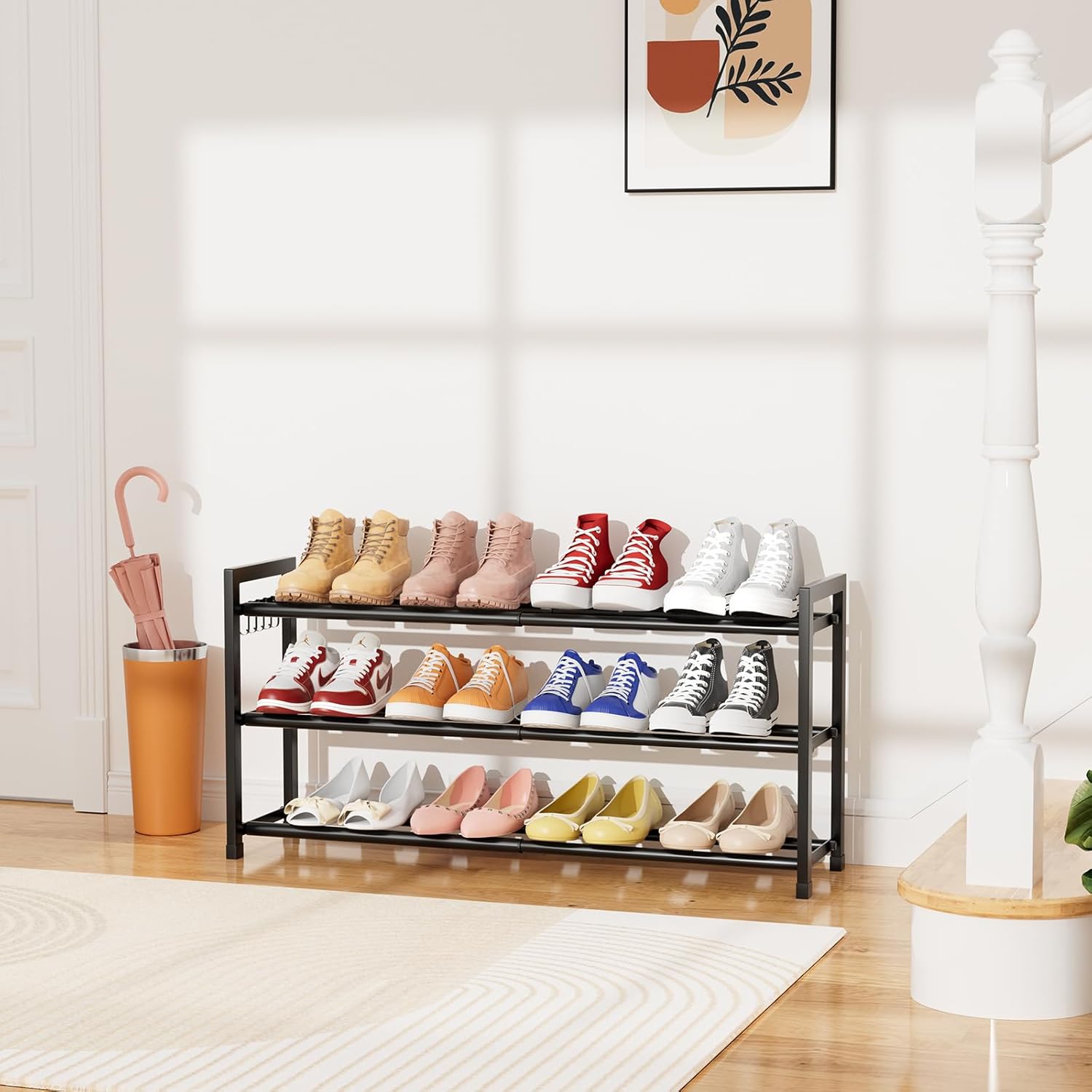 Skiennix Expandable Shoe Rack - Adjustable Metal Organizer for 12 Pairs | 3-Tier Free Standing Design, Black