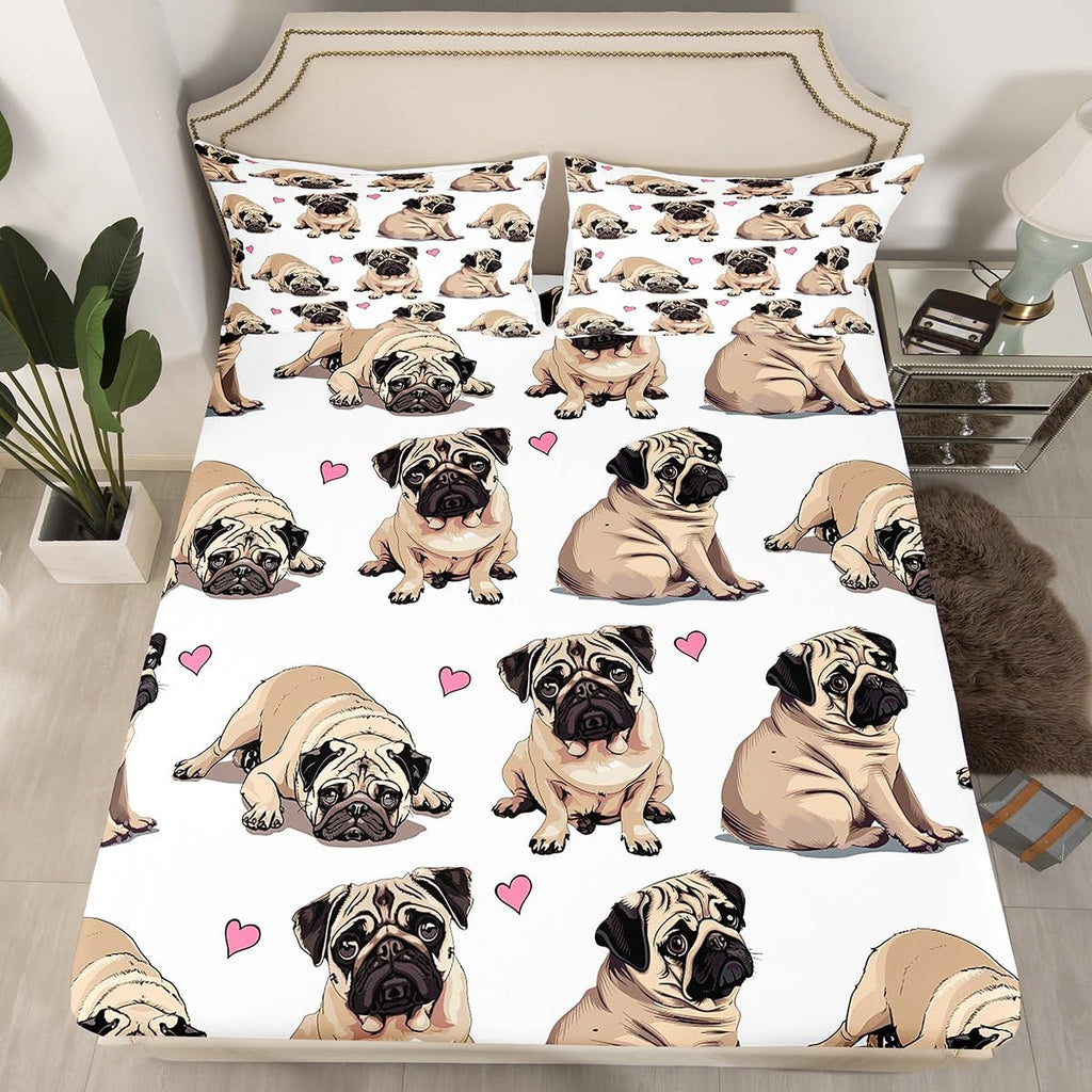 Cute Pug Dog Bed Sheet Set Cartoon Animal Fitted Sheet for Kids Children Teens Kawaii Pet Dog Bedding Set Hippie Pug Puppy Bed Cover No Flat Sheet Dog Lovers Bedroom Decor 3Pcs Queen Size