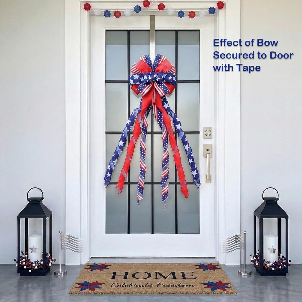 Patriotic 4th of July Tree Topper Bow by [Brand Name] - Large 52x13 Inch Pre-Tied Ribbon for Wreaths & Decor | Red, Blue, White