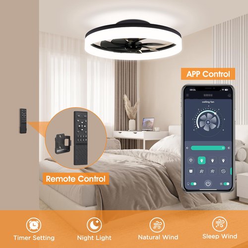 ropelux Ceiling Fan with Light and Remote, Color Temperature Changeable and Dimmable with 6 Speeds for Bedroom,Kids Room (RP1138-Black, 15.7 inches)