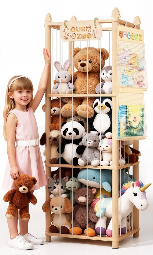 Stuffed Animal Storage with Hanging Bag, Extra Large Pine Wood Stuffed Animal Zoo Organizer Holder, Plushies Toy Storage Tower, Spacesave Toy Organizer Shelf for Toddler&Playroom, Nursery Decor-54 in