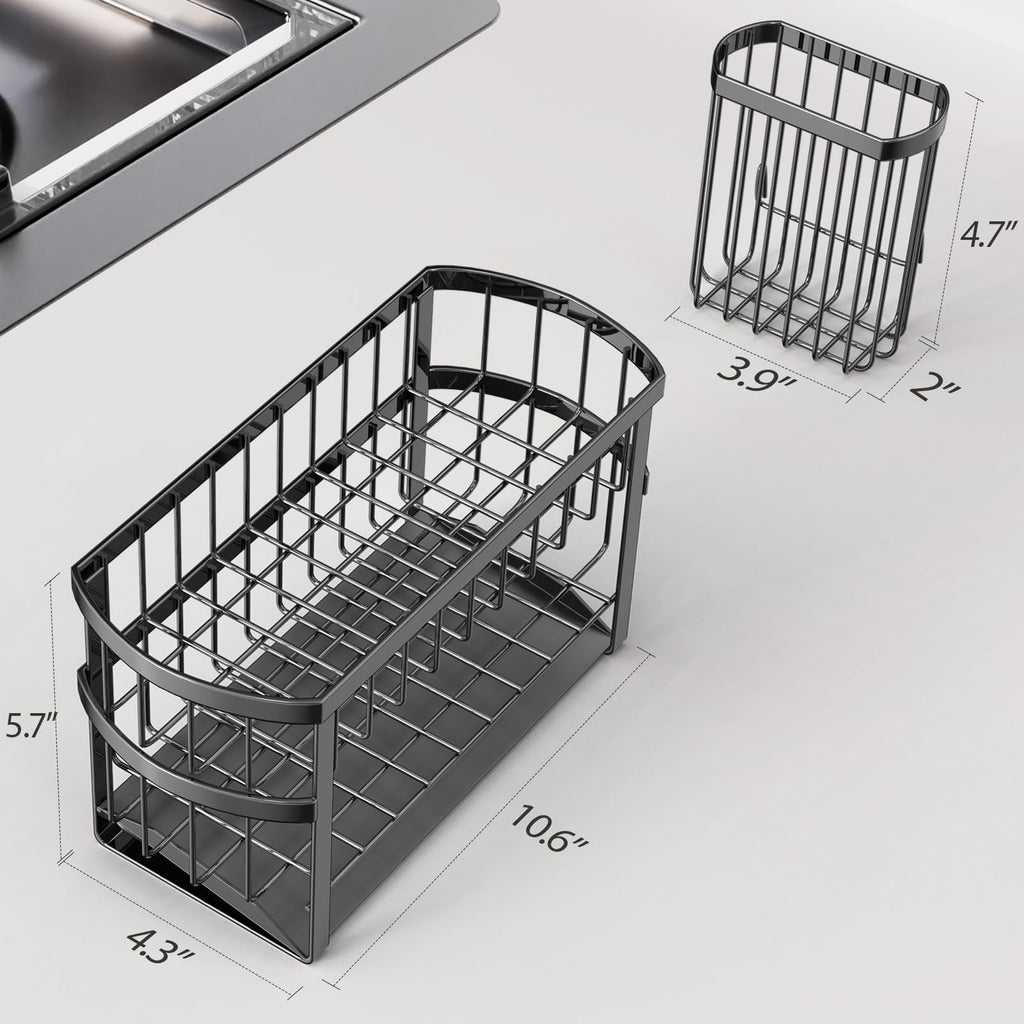UEFFNR Kitchen Sink Organizer Caddy, 2 Tier Sink Caddy Organizer with High Brush Holder, Rust-Proof Countertop Rack (Black 10.6 * 4.3 * 5.7") for Kitchen Accessories & Dish Brushes