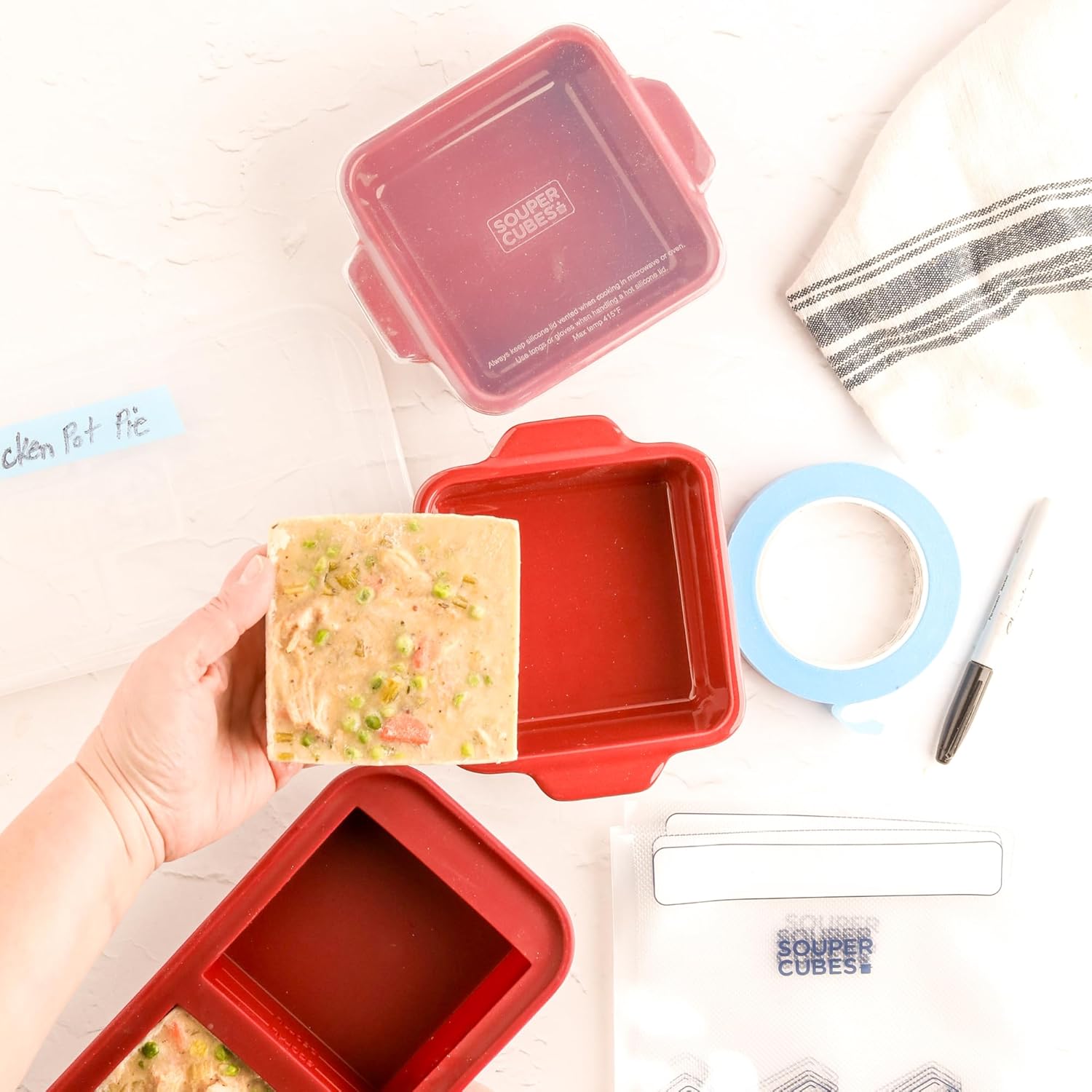 Souper Cubes Stoneware Baking Dishes - Premium Mini Ceramic with Silicone Covers, Set of 2 | 5" x 5", Cranberry