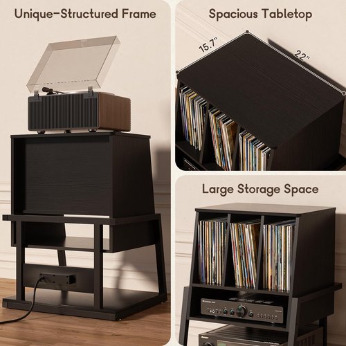Homieasy Record Player Stand with Power Outlet & Smart LED, 3-Tier Vinyl Record Storage Cabinet for 200+ Albums, 22" Turntable Station with Wooden Dividers, Modern End Table for Small Space, Black
