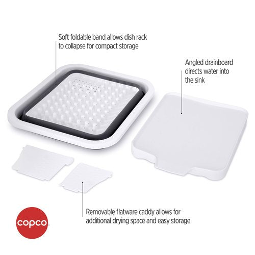 Copco White Collapsible Dish Rack with Soft Pegs to Prevent Scracthes on Glasses, Pans, ect, Allowing Optimal Drying, Featuring Angled Drain Board and Removable Flatware Caddy Maximum Drying Space
