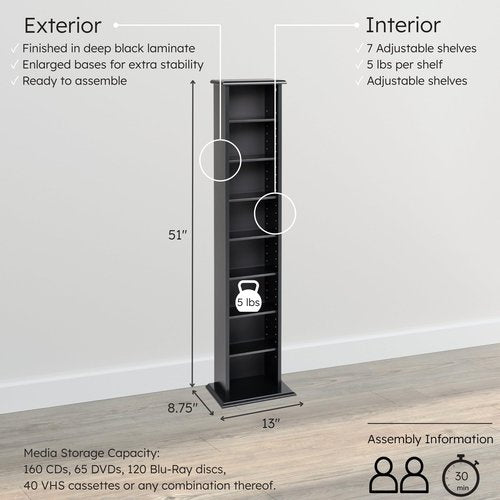 Prepac Narrow Cabinet Media, Slim Multimedia Storage Tower, Black