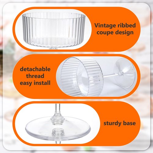 Jingmore 6 Pcs Ribbed Martini Glasses 10 oz Disposable Plastic Vintage Ribbed Coupe Glasses Unbreakable Dessert Parfait Glassware for Wedding Birthday Party Supplies (Clear)