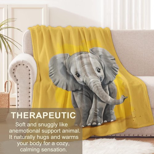 cromcu Elephant Blanket for Girls Boys Kids, Flannel Cute Minimalist Blankets Gifts, Animal and Yellow Background Soft Warm Cozy Throws for Sofa Couch Bed Living Room Bedroom Home Decor 60" x 50"