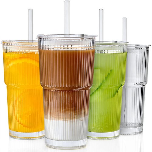 TUZAZO 20 Oz Ribbed Glass Tumblers with Lids and Straws - 4 Pack Glass Coffee Cups with Straws and Lids, Thicken Glass, Ideal for To Go Iced Coffee