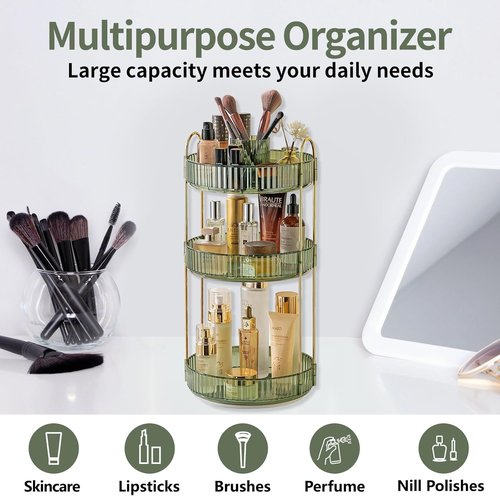 Asayuee 360° Rotating Makeup Organizer - Large 3-Tier Storage for Cosmetics & Skincare | Green