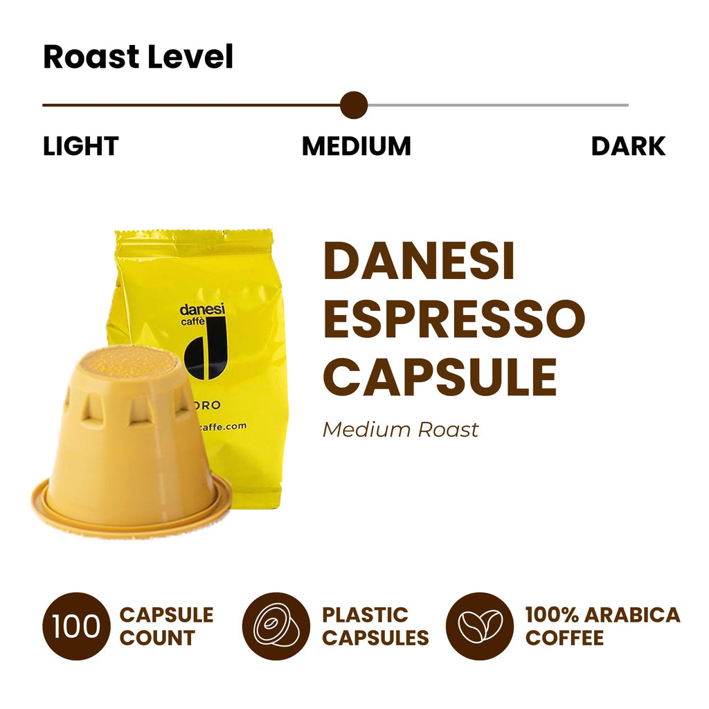 Danesi Caffe Italian Coffee Capsules - Medium Roast Espresso Coffee Pods for Home & Office Use - Premium Italian Oro Blend, 100-Count Pack