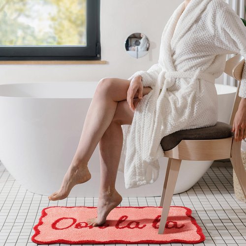 Drydiet Valentines Pink Bathroom Rugs 20 x 31 Inch Ooh La La Funny Bath Mat Non Slip Cute Washable Doormat for Valentines Winter Holiday Bathroom Shower Outdoor Indoor Front Porch Decor