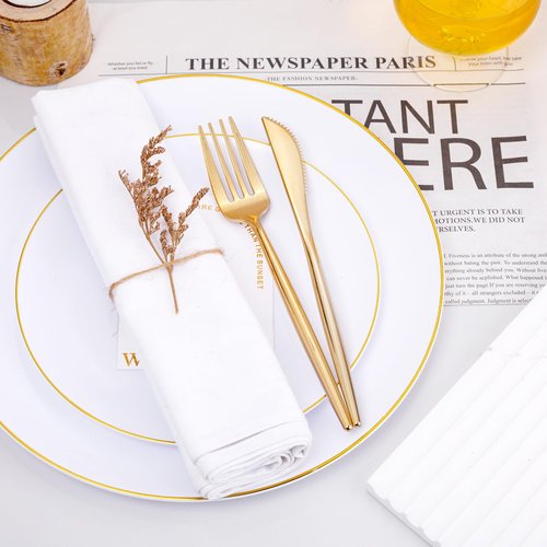 U-QE 180Pcs Gold Plastic Knives, Disposable Heavy Duty Plastic Silverware, Heavyweight Knives, Gold Flatware Perfect For Parties, Weddings and Everyday Use