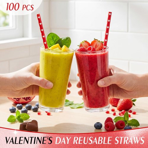 Honeydak 100 Pieces Valentine's Day Reusable Straws Bulk 9" Red Heart Hard Plastic Drinking Straws for Beverage Cocktail Mason Jar Tumbler Valentine's Day Birthday Love Party Supplies