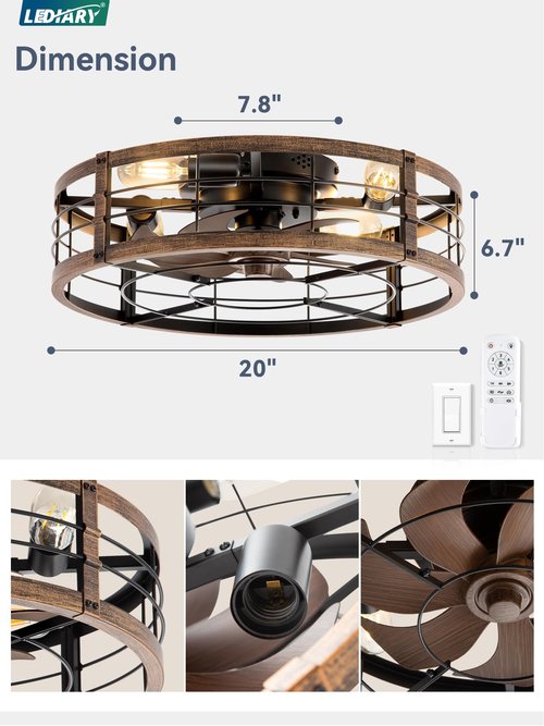 LEDIARY 20" Caged Ceiling Fan with Light and Remote, Low Profile Flush Mount Fandelier, Black Gold Bladeless Enclosed Small Fan Lights Ceiling Fixtures, Rustic Farmhouse Style for Bedroom, Outdoor