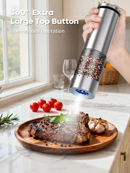 Electric Salt and Pepper Grinder Set with Charging Base: Rechargeable Automatic Salt and Pepper Grinder Set with External Adjustable Coarseness, Stainless Steel Electric Salt and Pepper Shakers,Sliver