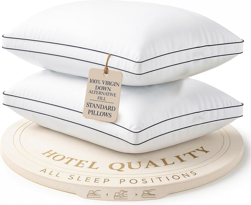 **LANE LINEN Standard Size Bed Pillows - Set of 2 Medium Soft Gusseted Down Alternative | Comfortable & Machine Washable - White**