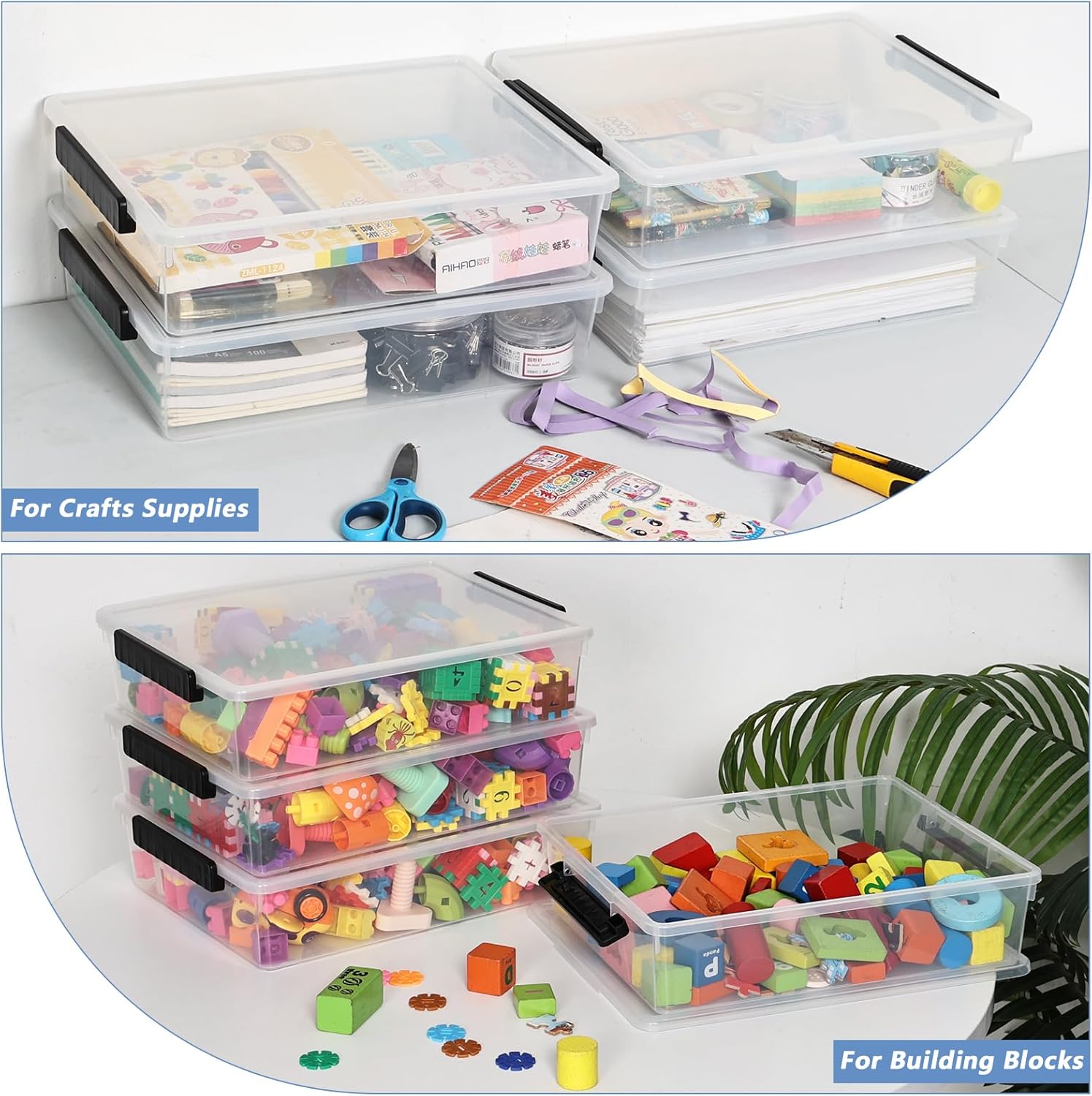 Wekioger Clear Flat Organizer Box - 6 Quart Plastic Storage Bins with Lids | 4 Pack