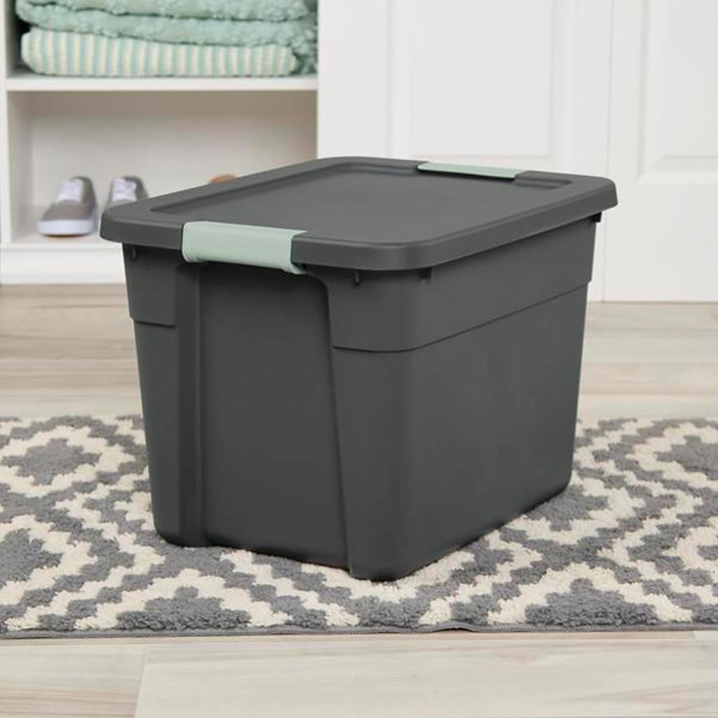 Sterilite 6-Pack Latch Tote | Stackable 12 Gallon Plastic Storage Bins with Lids - Gray/Green Organization Solution