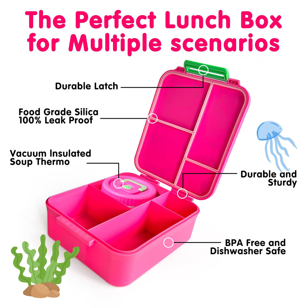 Kidz Bento Lunch Box with Soup Thermo, 4 Compartments Lunch Box Containers Leak proof, Insulated Food Jar for Travel Picnic