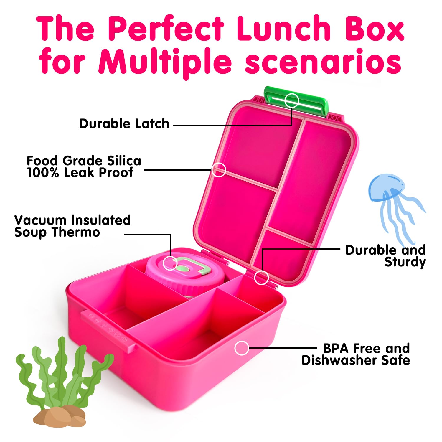 Kidz Bento Lunch Box with Soup Thermo, 4 Compartments Lunch Box Containers Leak proof, Insulated Food Jar for Travel Picnic