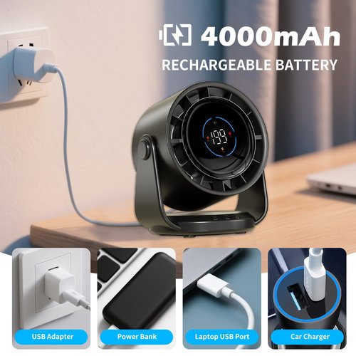 ZKSCool Desk Fan, 4000mAh Ultra - Quiet Digital Display Rechargeable USB Fan, 199 - Speed Wall-Mounted Desk Fan,120°Tilt Long - Lasting Portable Fan for Home, Office, Kitchen, Travel & Camping