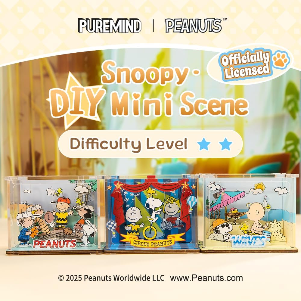 PUREMIND Snoopy Baseball Miniature Wooden Puzzle Kit - Officially Licensed 3D Building Set for Fans