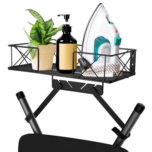 Ironing Board Hanger Wall Mount, Ironing Board Holder, Laundry Room Decor Organization and Storage with Large Storage Grid Base Basket and Removable Hooks(T&V Shaped) for Laundry/Living Room/Bathroom