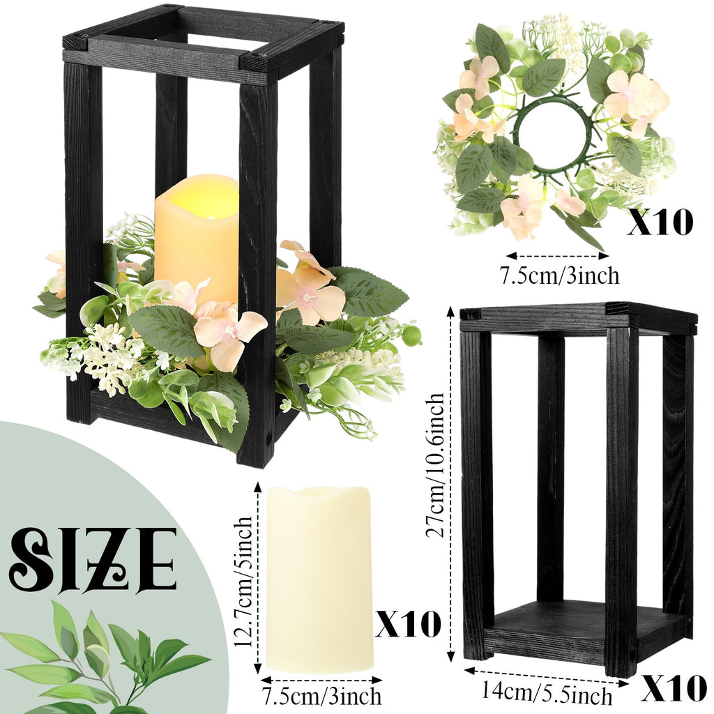Hushee 30 Pcs Wooden Wedding Lantern Centerpiece Integrated Holders with Candles and Wreaths Rustic Wooden Candle Lantern Decor for Wedding Party Table Valentine Decor (Black)