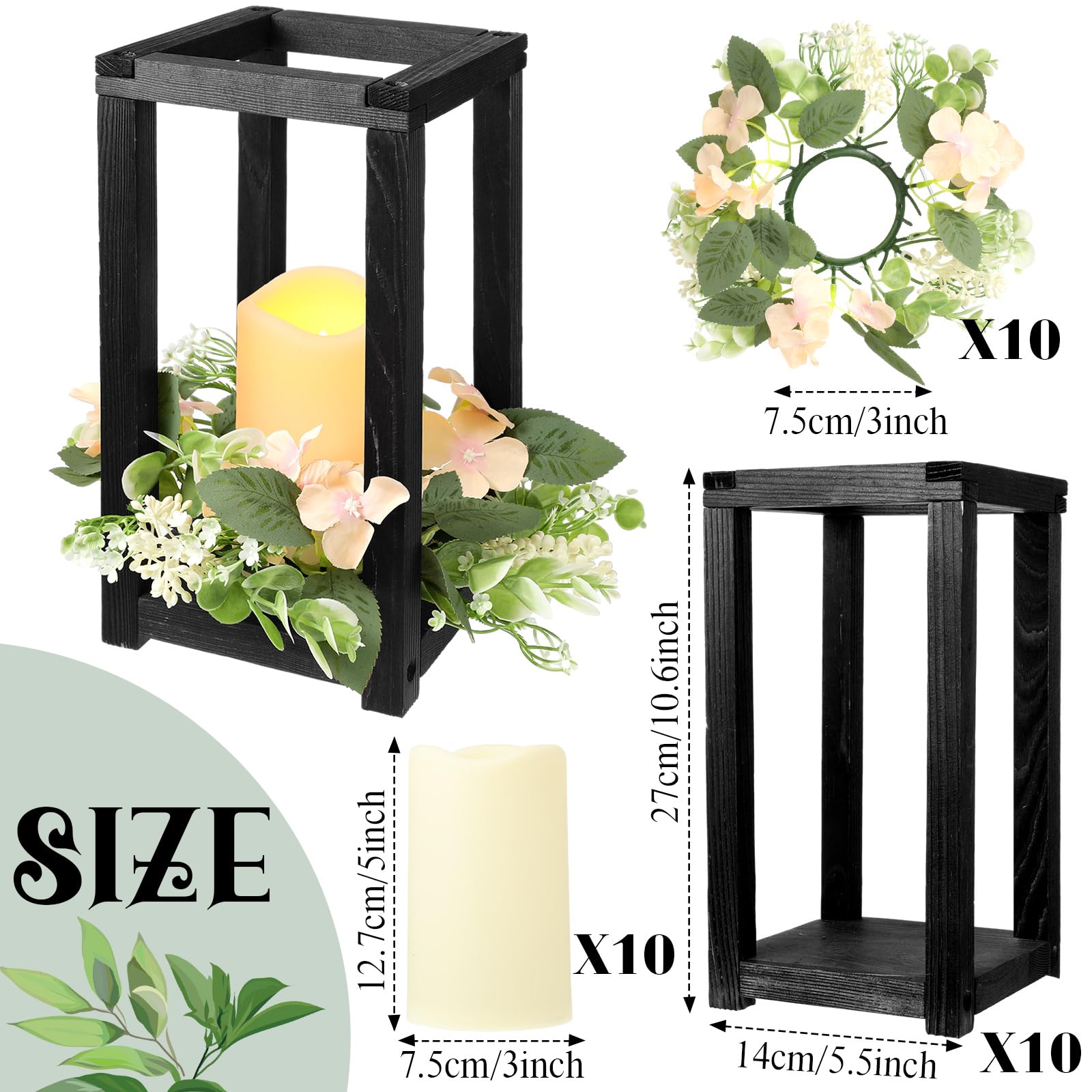 Hushee 30 Pcs Wooden Wedding Lantern Centerpiece Integrated Holders with Candles and Wreaths Rustic Wooden Candle Lantern Decor for Wedding Party Table Valentine Decor (Black)