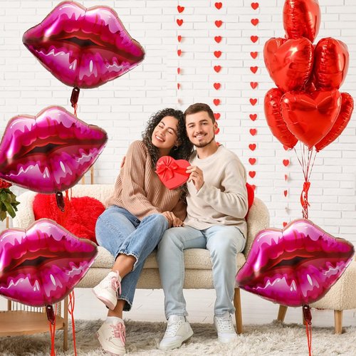 10Pcs Red Heart Ballons Lip Balloons Kiss Balloons with Ribbon for Valentine's Day Wedding Anniversary Love-Themed Parties Makeup Themed Party Kiss the Miss Goodbye Galentine's Day Decor