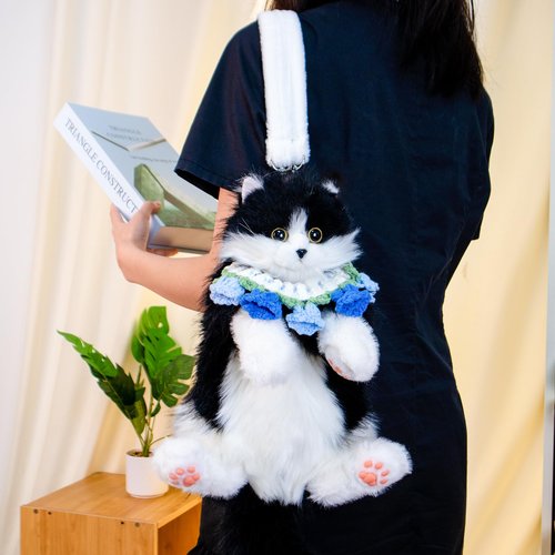 Chongker Cat Shaped Purse with Adjustable Strap, Realistic Plush Backpack Cat Shaped Crossbody Bag for Kids and Girls