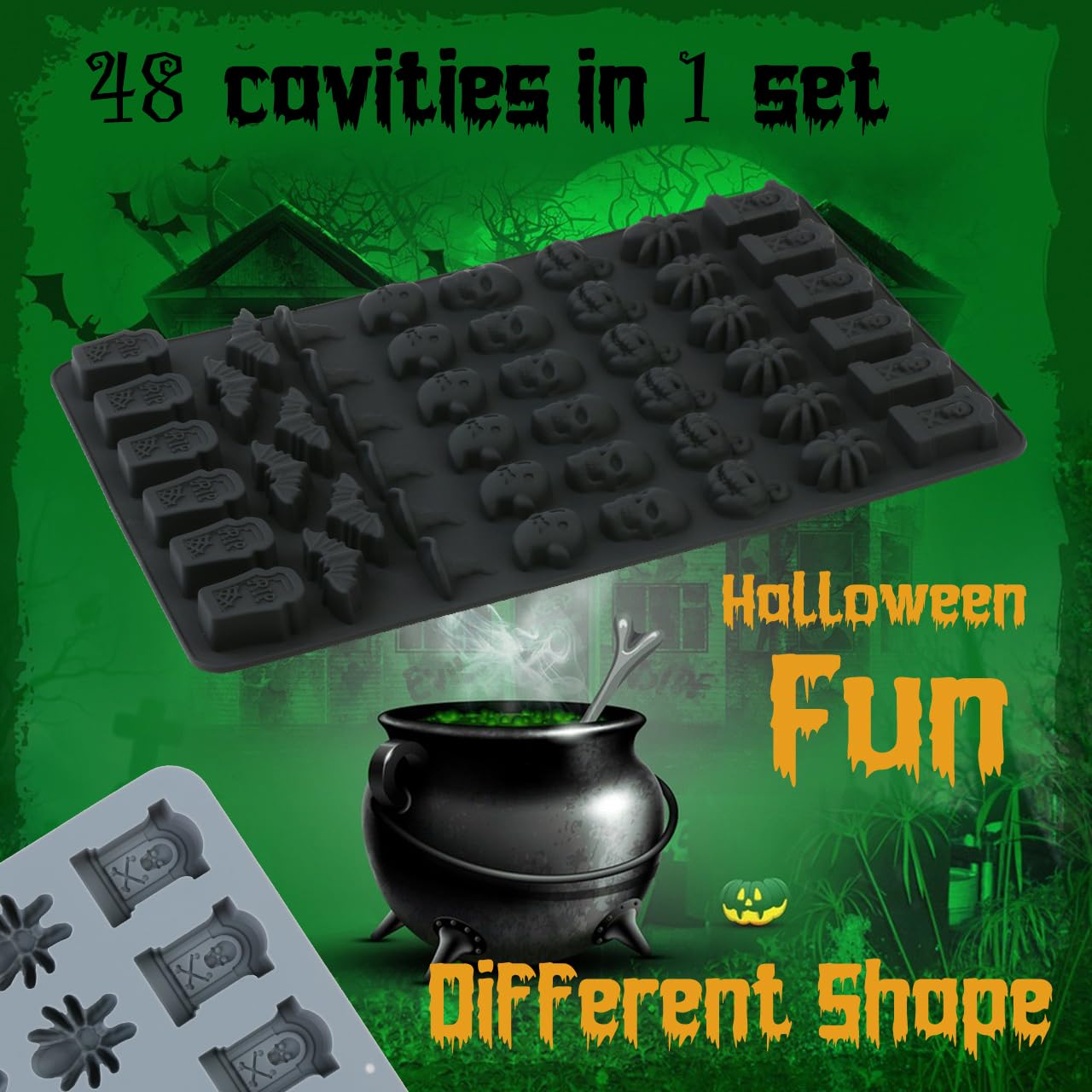 (2 Pack) Silicone Halloween Molds, 96-Cavity Pumpkin Ghost Wizard Hat Bat Spider Tombstone Skull Halloween Silicone Gummy Molds For Chocolate, Fondant, Cupcake Decoration, Biscut - Black&Gray