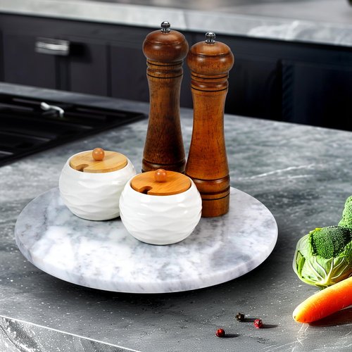 Sinsanye 12" Mable Lazy Susan, 100% Natural Marble Round Tray with Silent Rotating, Kitchen Turntable Storage Turner Revolving Cake Leveler Spinner for Cupcake, Food, Seasoning