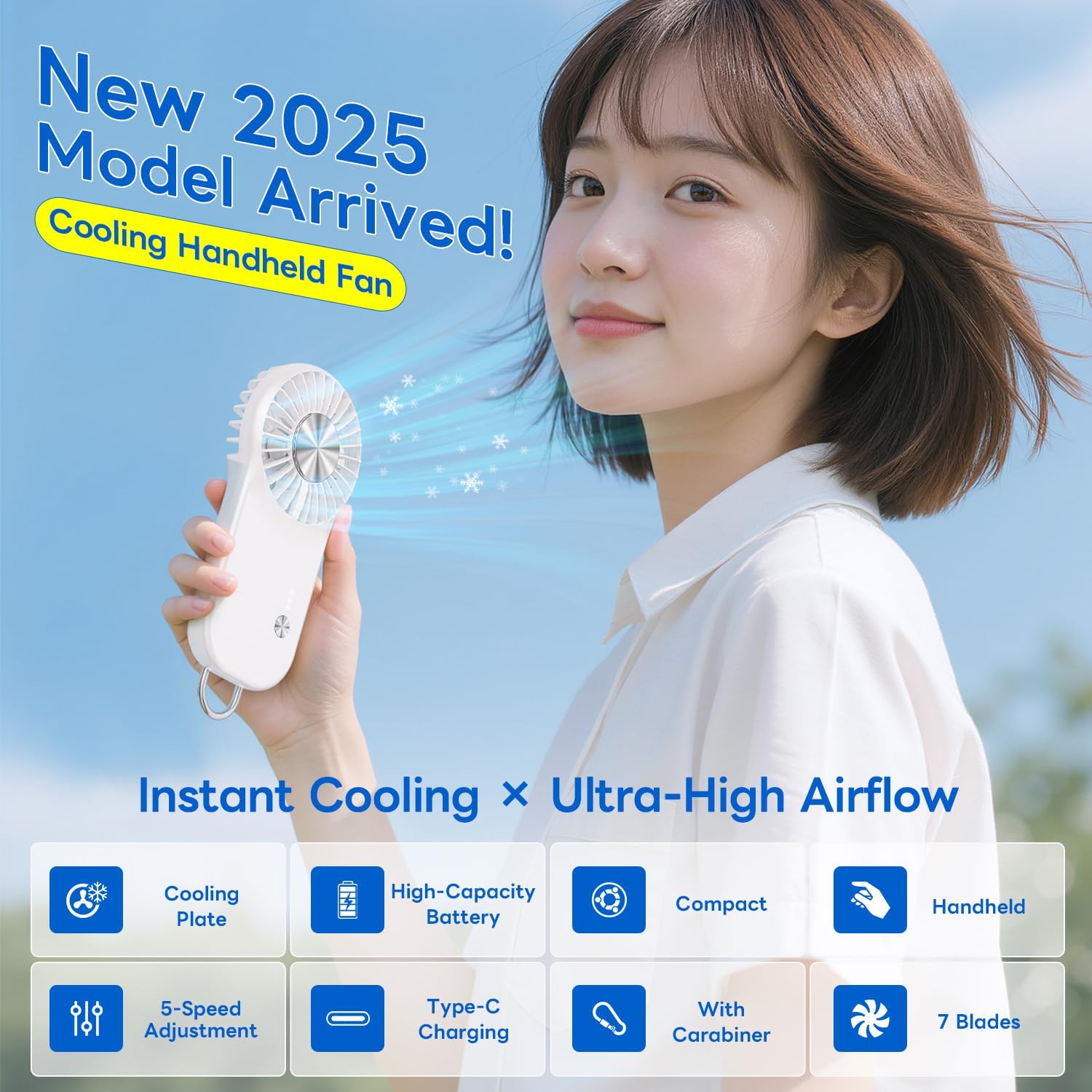 Skiennix Handheld Mini Fan - Portable USB Rechargeable Cooling Fan with 5 Speeds | Cute Design for Travel & Makeup - White