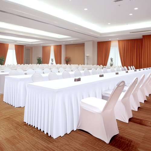 2 Packs White Tableclothes for 8 Foot Rectangle Tables, Wrinkle Resistant Fitted Table Cloth Stretch Spandex Table Covers with Skirt for Event Banquet Wedding Birthday Party