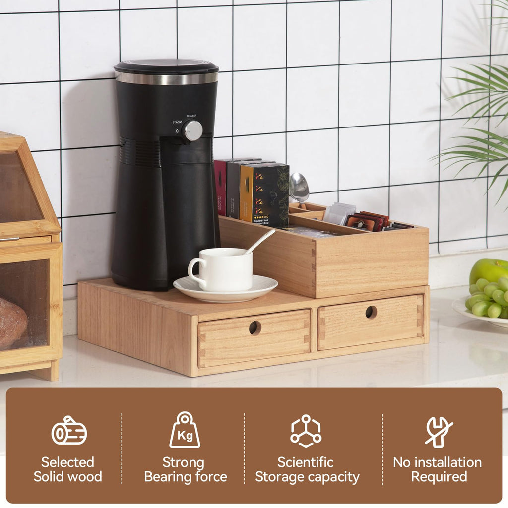 KIRIGEN Wooden Coffee Station Organizer 2-Piece Set - Coffee Bar Storage with Drawers for Sugar, Tea - Coffee Pod Holder and Accessories Organizer for Kitchen Counter Nature KFJTZ-NA