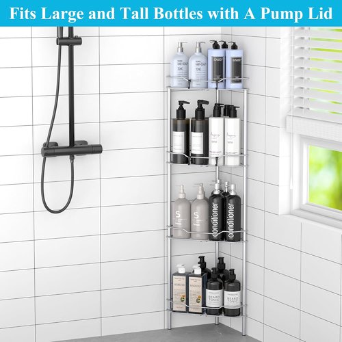 HuggieGems 4-Tier Corner Shower Caddy Organizer - Silver Bathroom Shelf Stand with Hooks