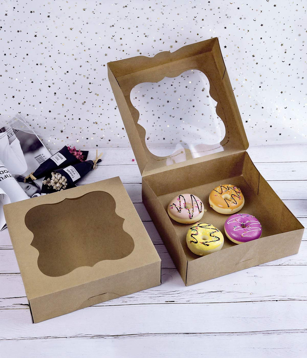 CHERRY 15-Pack 10"x10"x3"Brown Bakery Boxes with PVC Window for Pie and Cookies Boxes Small Natural Kraft Paper Box 10x10x3inch Pack of 15