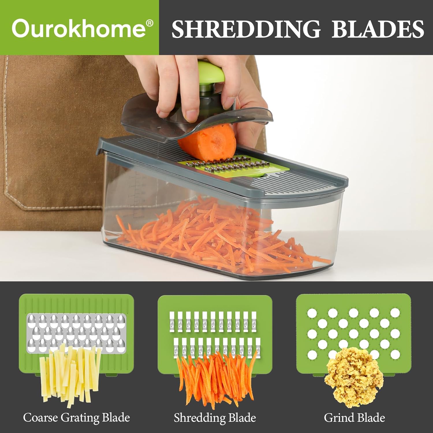 Ourokhome Mandolin Slicer - 6-in-1 Vegetable Shredder with Safety Features | Gray Color, Ideal for Potatoes, Carrots, Zucchini, and Onions