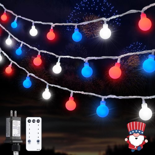 JMEXSUSS 100 LED Connectable Red, White, and Blue String Lights - 33ft Indoor/Outdoor Patriotic Decor with Remote & 8 Modes
