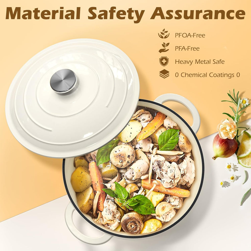 Umite Chef Enameled Cast Iron Dutch Oven - 5QT Heavy-Duty Pot with Lid & Potholders | Cream White for Baking & Roasting