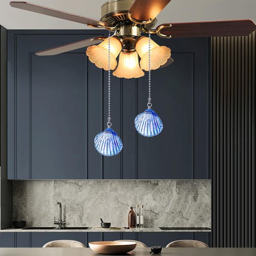 LONGSHENG - SINCE 2001 - 2 Pack Silver Ceiling Fan Pull Chain Extension, Blue Glass Shell Shaped Pendant Pull Chains for Ceiling Fans and Lights, Decorative Fan Pulls Extenders with Connector