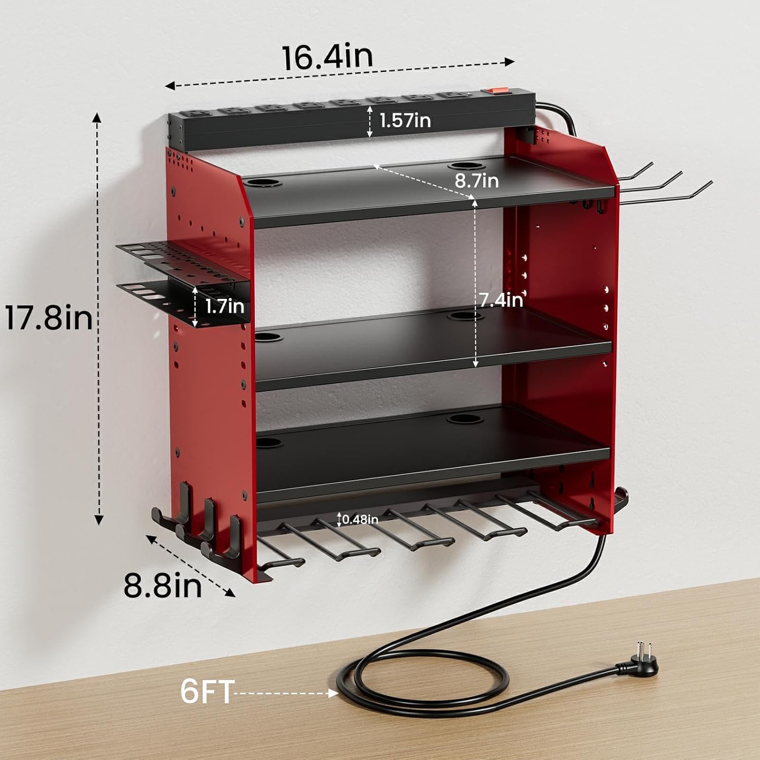 Power Tool Organizer - Wall Mount Charging Station with 8 Outlet Power Strips | Heavy Duty 4-Layer Drill Storage Shelf