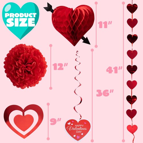 JOYIN 20 Packs Valentine’s Day Swirl String Cutout with Garland , Party Decoration Kit with Banner, Cutouts Swirls Garland, Tissue Fans &Poms for Valentines Party Supplies, Decor Wedding Anniversary