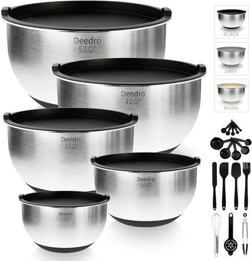 Deedro Premium Mixing Bowls Set - 22Pcs Stainless Steel with Airtight Lids | Non-Slip Silicone Base, Black