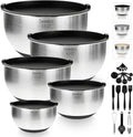 Deedro Premium Mixing Bowls Set - 22Pcs Stainless Steel with Airtight Lids | Non-Slip Silicone Base, Black