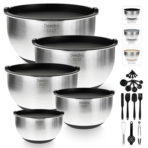 Deedro Premium Mixing Bowls with Airtight Lids Set, 22Pcs Thicker Stainless Steel Mixing Bowl Set, Large Prep Metal Bowls, Non-Slip Silicone Base Nesting Bowls for Kitchen, 1.5/2/3/4/5 QT, Black